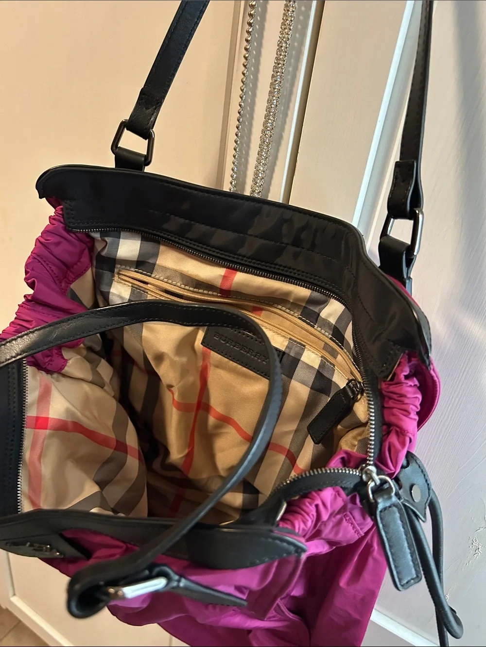 Burberry Magenta Nylon Tote with Black Leather Trim
